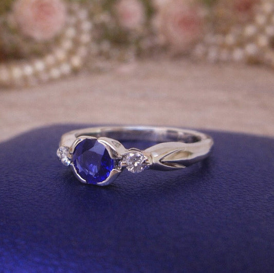 9ct White Gold 3 Stone Bezel Set Blue Sapphire & Diamond Trilogy Ring