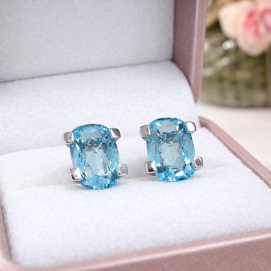 18ct White Gold Large Swiss Blue Topaz Stud Earrings Checkerboard Cushion Studs
