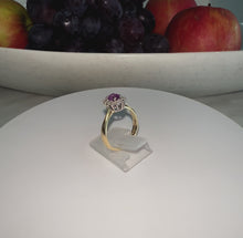 Load and play video in Gallery viewer, 18ct Yellow Gold Oval Cut Pink Sapphire &amp; Diamond Cluster Halo Ring
