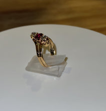 Load and play video in Gallery viewer, 14ct Yellow Gold Old Mine Cut Ruby &amp; Diamond Trilogy Ring
