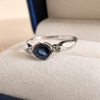 9ct White Gold 3 Stone Bezel Set Blue Sapphire & Diamond Trilogy Ring
