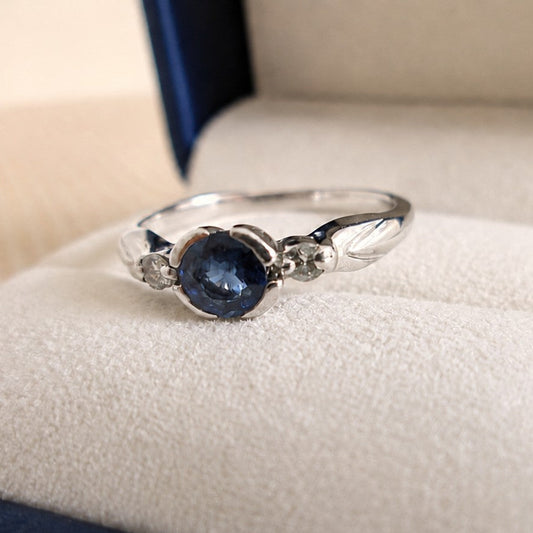 9ct White Gold 3 Stone Bezel Set Blue Sapphire & Diamond Trilogy Ring