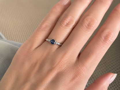 9ct White Gold 3 Stone Bezel Set Blue Sapphire & Diamond Trilogy Ring