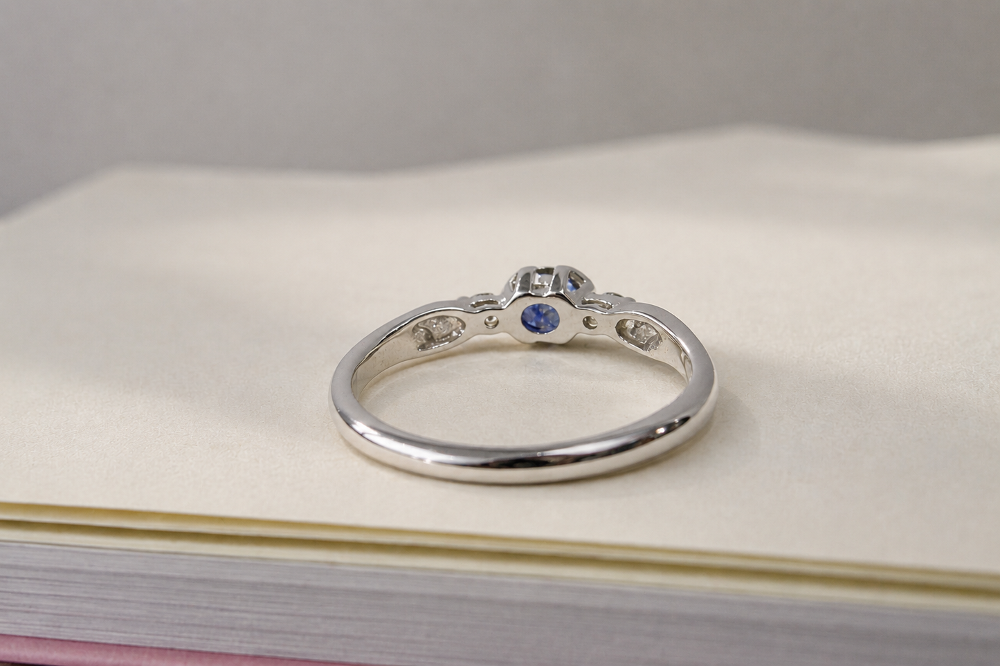 9ct White Gold 3 Stone Bezel Set Blue Sapphire & Diamond Trilogy Ring