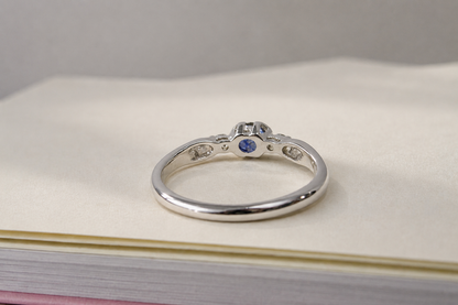 9ct White Gold 3 Stone Bezel Set Blue Sapphire & Diamond Trilogy Ring