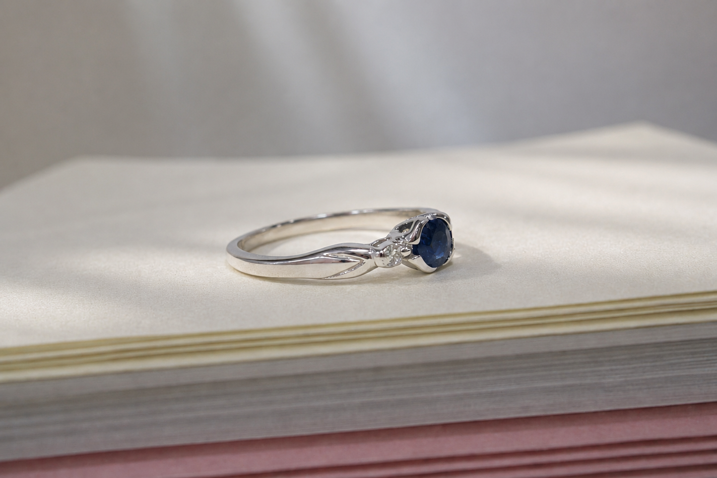 9ct White Gold 3 Stone Bezel Set Blue Sapphire & Diamond Trilogy Ring