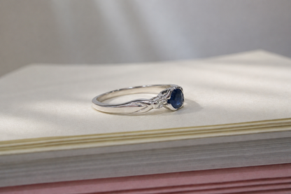 9ct White Gold 3 Stone Bezel Set Blue Sapphire & Diamond Trilogy Ring