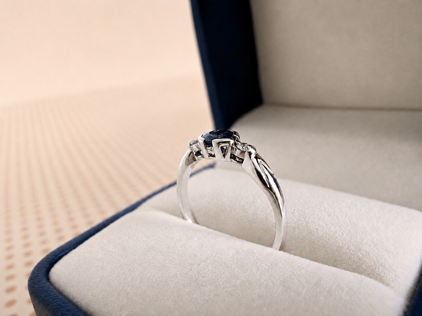 9ct White Gold 3 Stone Bezel Set Blue Sapphire & Diamond Trilogy Ring
