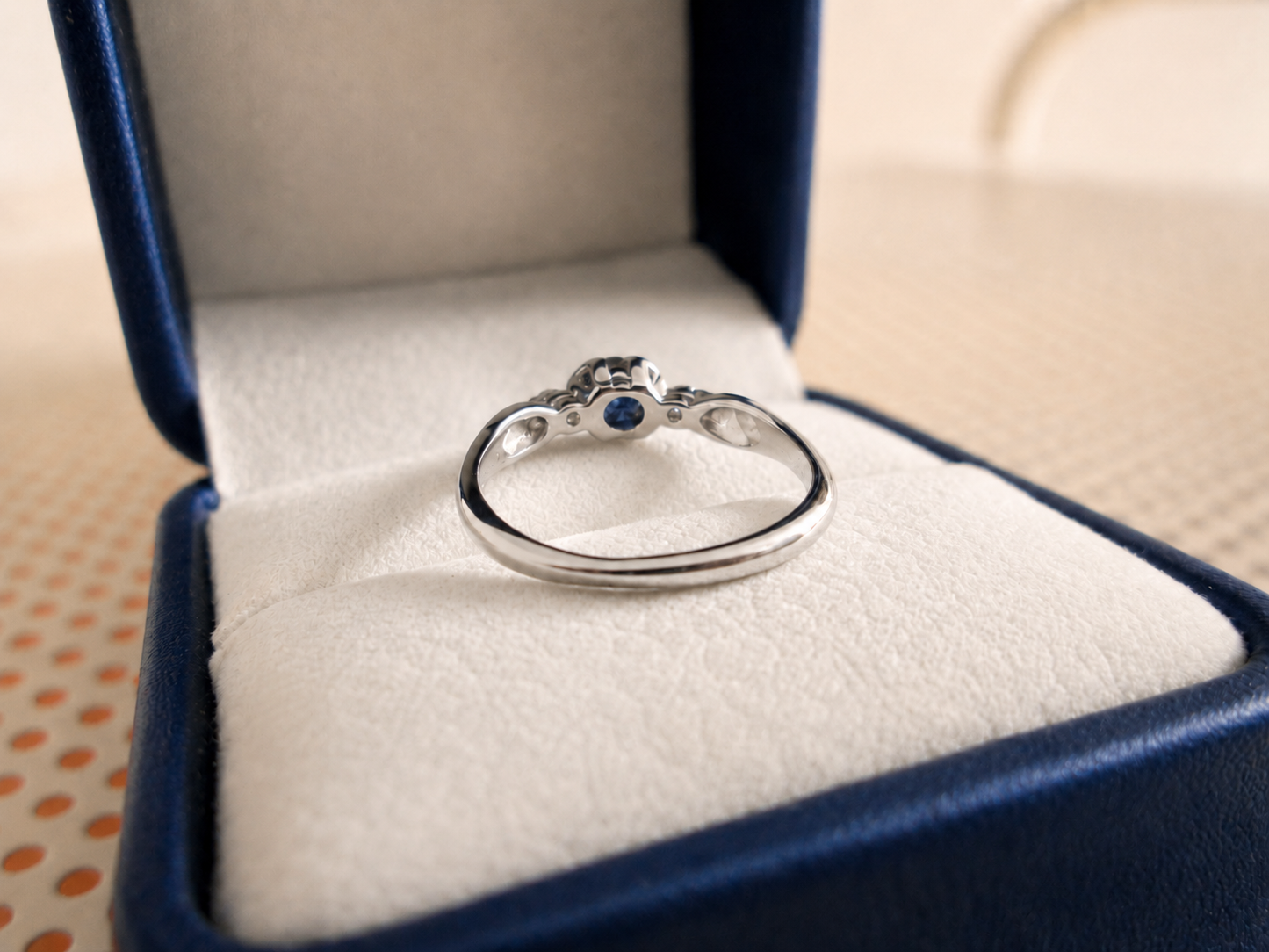 9ct White Gold 3 Stone Bezel Set Blue Sapphire & Diamond Trilogy Ring
