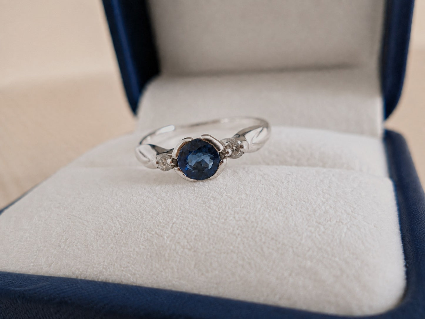 9ct White Gold 3 Stone Bezel Set Blue Sapphire & Diamond Trilogy Ring