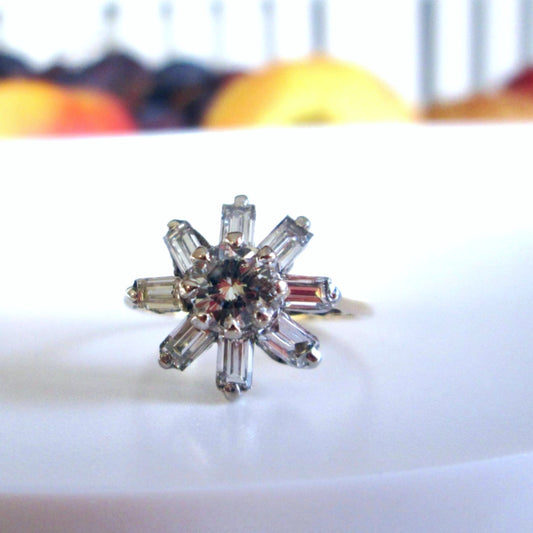 14ct Yellow Gold Diamond Cluster Ring Vintage Baguette & Transitional Cut 14k