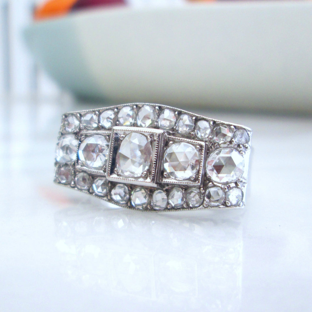 Platinum Large 2.00ct Old Rose Cut Diamond Cluster Boat Ring - It's Vintage Darling