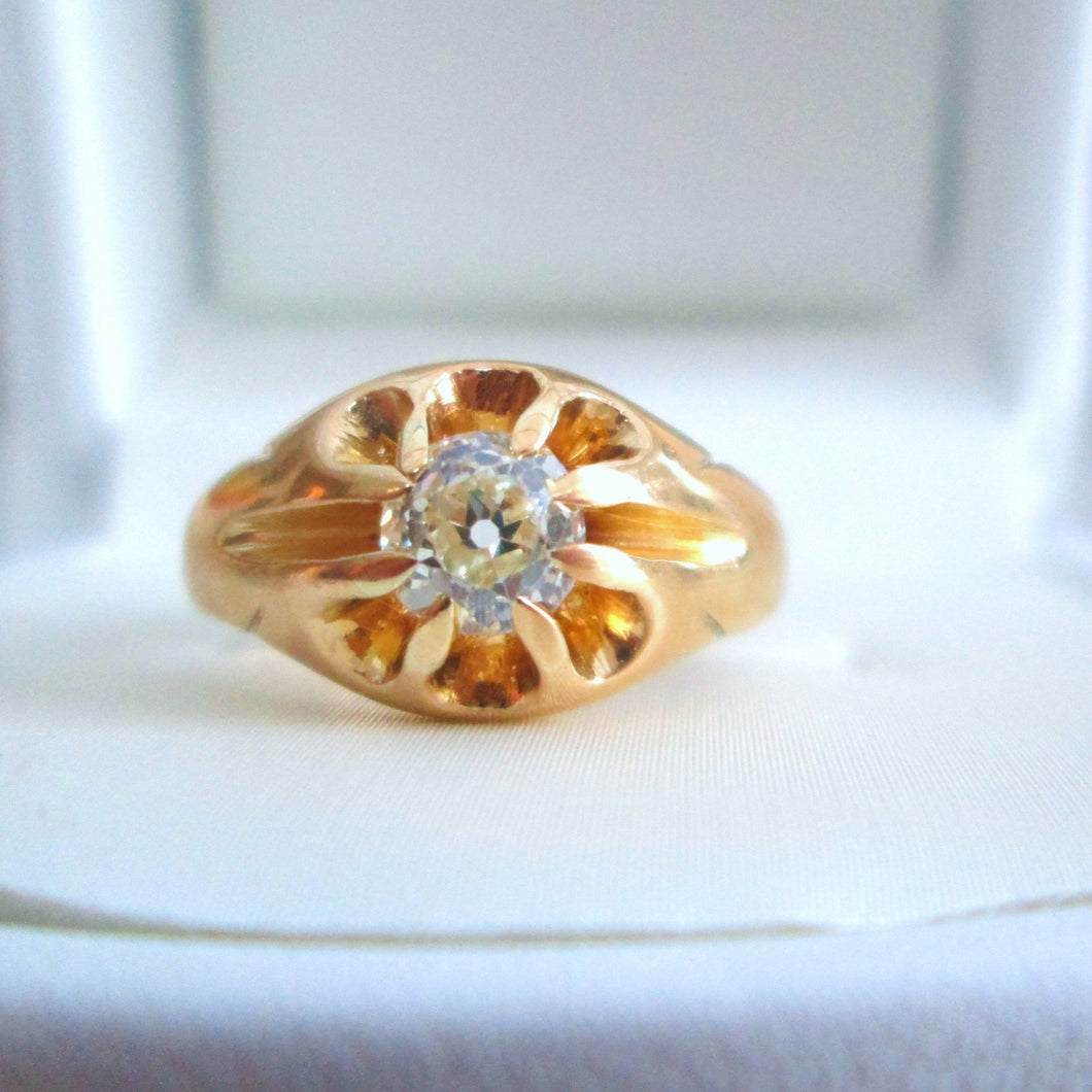 Edwardian 18ct Yellow Gold Old Mine Cut Diamond Solitaire Gypsy Ring Unisex Mens - It's Vintage Darling